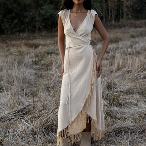 Fringe Wrap Dress/Beige Wrap Dress/Boho Summer Dress/Natural Clothing