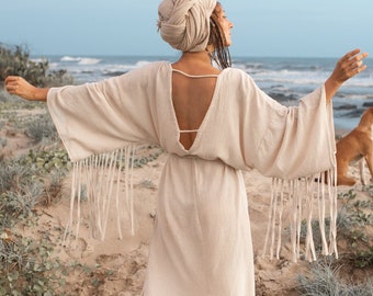 Bohemian Goddess Dress/Gypsy Woman Kaftan/Open back Dress /V-neck Maxi Dress/Boho Fringe Dress/Long Sleeve Dress