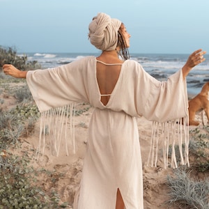 Bohemian Goddess Dress/Gypsy Woman Kaftan/Open back Dress /V-neck Maxi Dress/Boho Fringe Dress/Long Sleeve Dress