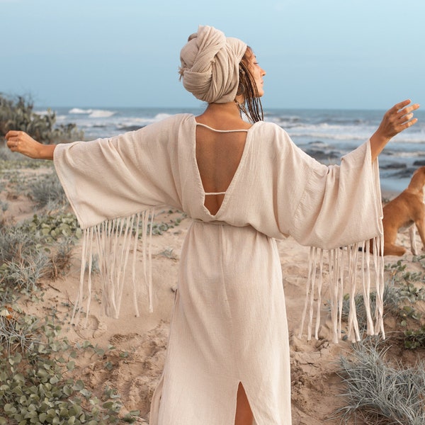 Bohemian Goddess Dress/Gypsy Woman Kaftan/Open back Dress /V-neck Maxi Dress/Boho Fringe Dress/Long Sleeve Dress