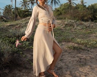 Beige Wrap Blouse and Wrap Skirt/Boho Crop Top/Bohemian Long Skirt/Gypsy Dress/Set of Two