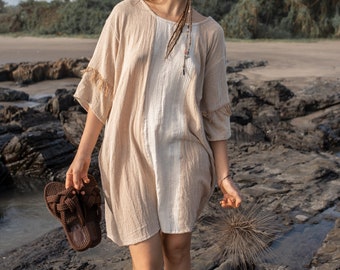 Boho One Size T-shirt Dress/Mini Dress/Summer Beach Dress/Free Size T-shirt Dress/Bohemian Beach Outfit/Beige