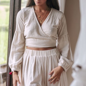 Boho Wrap Top/Bohemian Crop Top/Kimono Top/Wrap Blouse/Puff Sleeves Top/Off White