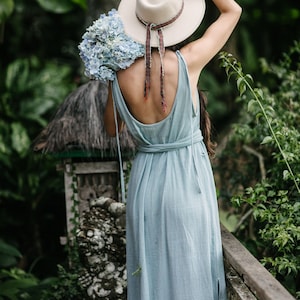 Blue Open Back Dress/Goddess Maxi Dress/Belted Greek Dress/Slip Summer Dress/Blue Raw Cotton