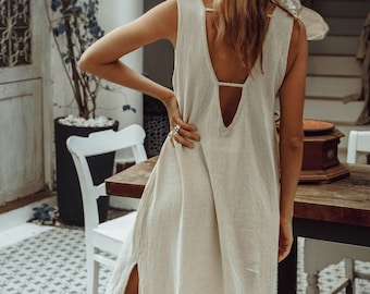 White Goddess Dress/Straight Open Back Dress/Long Slip Dress/Ceremony Dress/Maxi Boho Dress/Off white