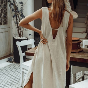 White Goddess Dress/Straight Open Back Dress/Long Slip Dress/Ceremony Dress/Maxi Boho Dress/Off white
