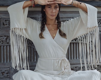 White Goddess Dress/Wrap Bohemian Dress/Long Wrap Dress/Ceremony Dress/Shamanic Dress/Off White