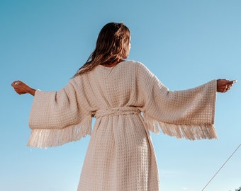 Fringe Kimono/Long Kimono Jacket/Boho Cover up/Bohemian Robe/Festival Outfit/Off White
