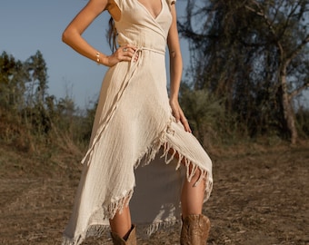 Boho Linen Wrap Dress: White Fringed Bohemian Dress - Etsy
