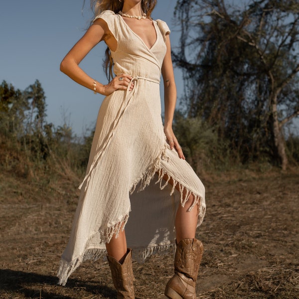 Wrap Assymetric Dress/Boho Goddess Dress/Bohemian Fringe Dress/Off White Summer Dress