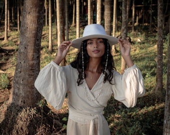 Puff Sleeve Wrap Top/Boho Crop Top/Off white Sleeve Blouse