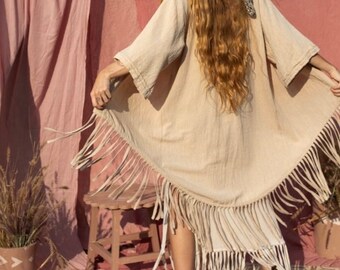 Boho Fringe Kimono/Bohemian Cover Up/Kimono Robe/Festival Cape/Natural Fabrics