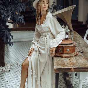 Boho Wrap Dress/Maxi Sleeve Wrap Dress/Long Kimono Dress/Organic Cotton Dress/Offwhite image 6