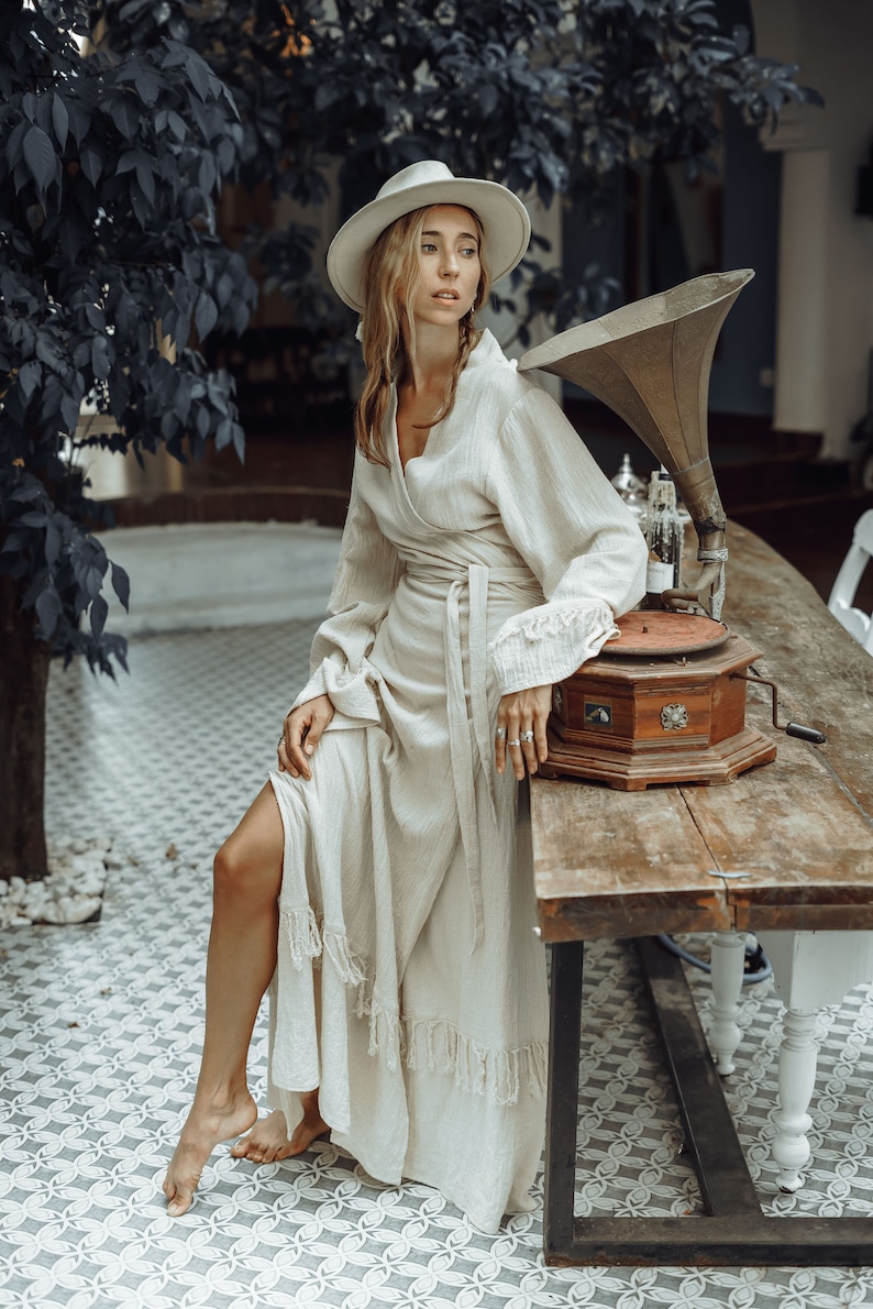 Boho Wrap Dress/Maxi Sleeve Wrap Dress/Long Kimono Dress/Organic Cotton Dress/Offwhite image 6