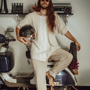 Off White Boho Shirt/Men Asymmetric T-shirt/Short sleeve festival t-shirt/Organic Men Clothing/Cotton Shirt