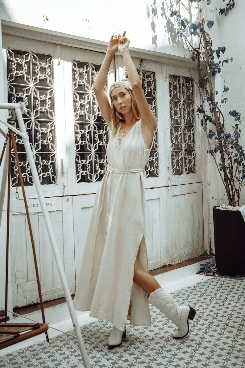 White Goddess Dress/Straight Open Back Dress/Long Slip Dress/Ceremony Dress/Maxi Boho Dress/Off white image 5