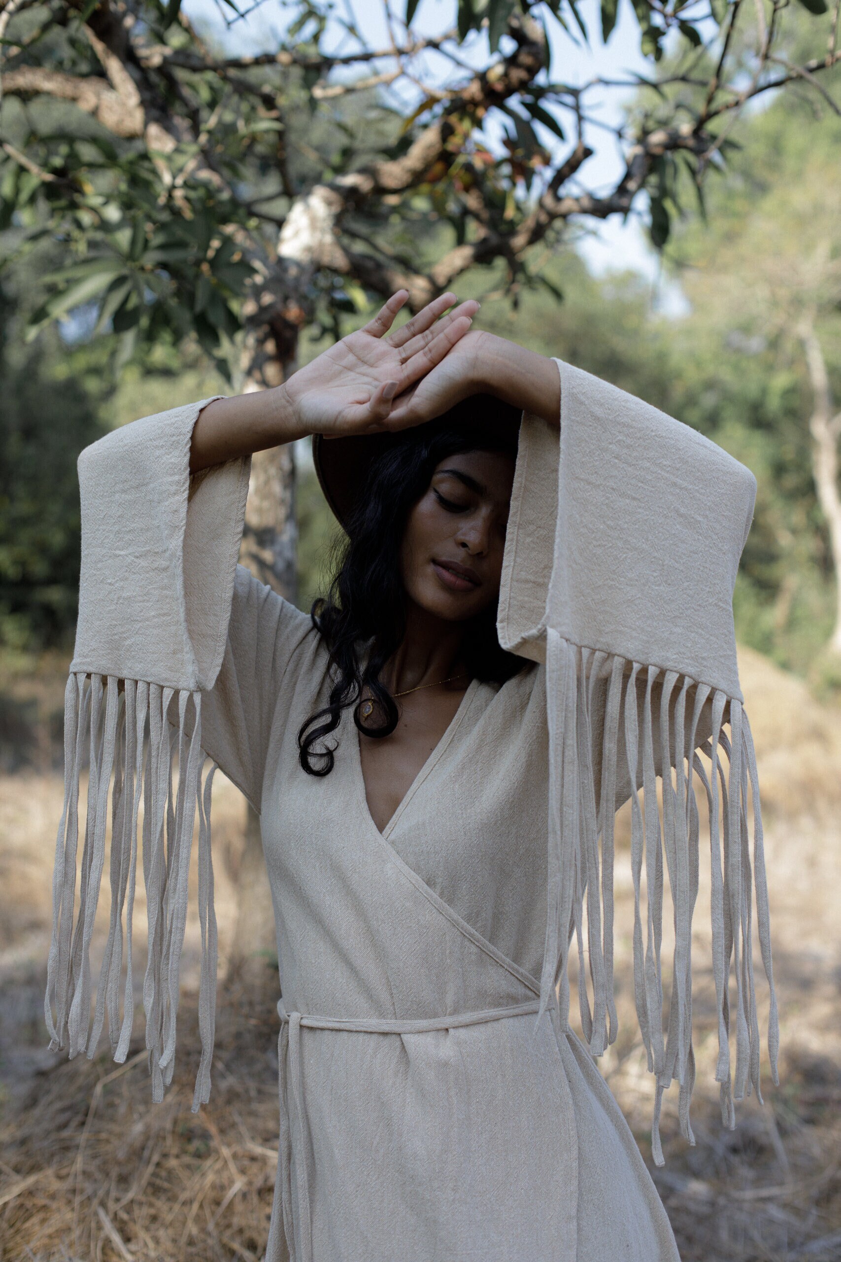 Goddess Wrap Dress/long Fringe Dress/natural Beige Maxi Dress