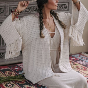 Boho Kimono Jacket/Bohemian Cover Up/Off white Organic Kimono Cardigan/Nomad Fringe Jacket/Kimono Robe for Women/Cotton Bohemian Overcoat image 6
