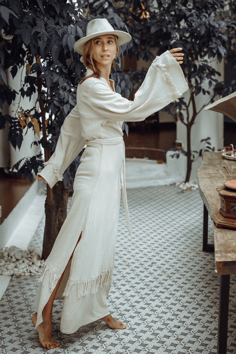 Boho Wrap Dress/Maxi Sleeve Wrap Dress/Long Kimono Dress/Organic Cotton Dress/Offwhite image 8