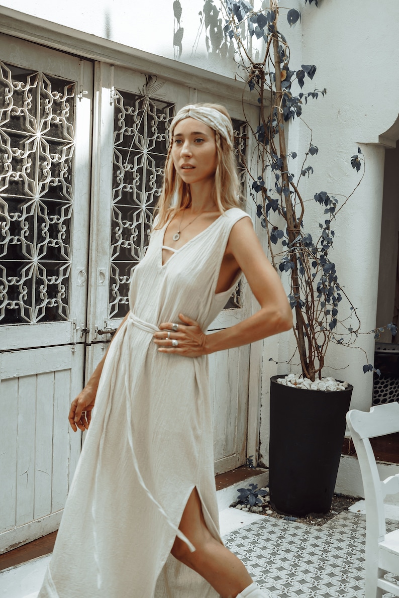 White Goddess Dress/Straight Open Back Dress/Long Slip Dress/Ceremony Dress/Maxi Boho Dress/Off white image 6