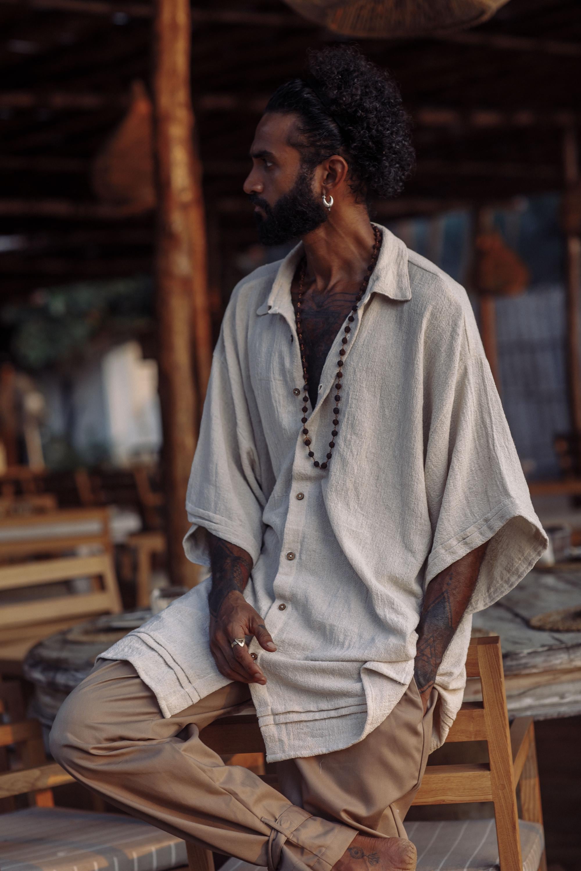 Oversized off White Raw Cotton Men's Boho Shirt