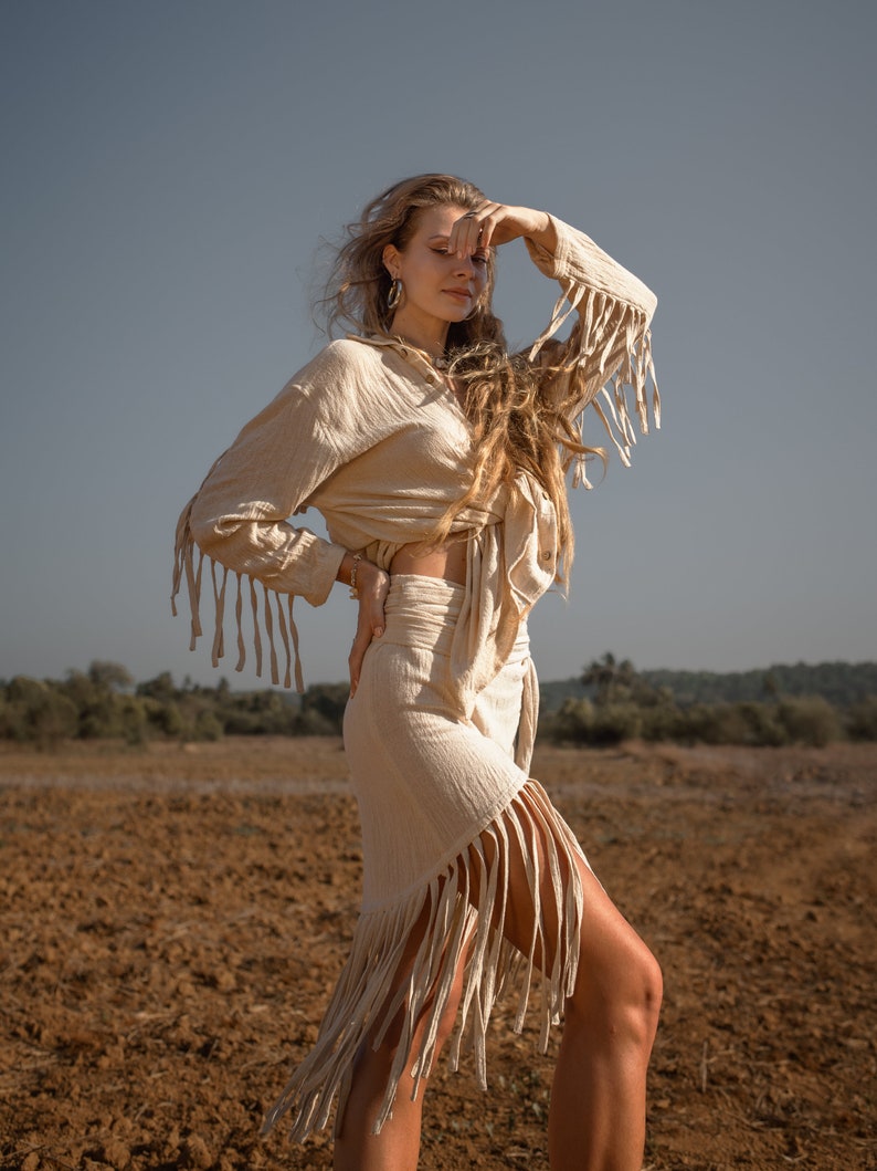 Bohemian Raw Cotton Blouse/Oversize Boho Shirt/Fringe Cotton Shirt/Festival Fashion/Organic Clothing/4 colours image 4