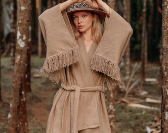Boho Kimono Jacket/Bohemian Cover up/Beige Kimono Cardigan/Nomad Fringe Jacket/Kimono Robe for Women/Cotton Bohemian Overcoat