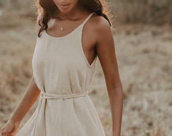 Asymmetric Boho Dress: Beige Raw Cotton Midi Dress