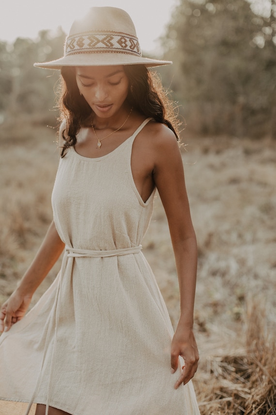 Asymmetric Boho Dress: Beige Raw Cotton Midi Dress Asymmetric Boho Dress: Beige Raw Cotton Midi Dress