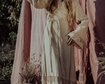 Long Wrap Dress/Ceremony Fringe Dress /Beige Kimono Dress/Natural Clothing