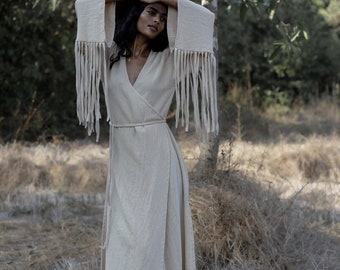 off white beige wrap dress Petal and Pup Women's Nova Wrap Knit Midi Dress