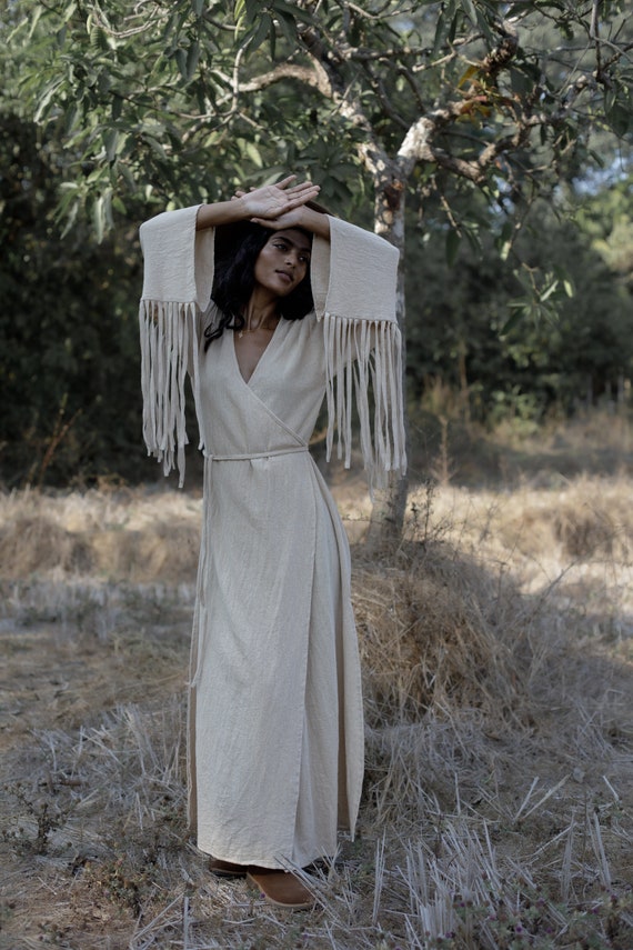 Goddess Wrap Dress long Fringe Dress natural Beige Maxi Dress natural Clothes ceremony Dress Etsy Canada