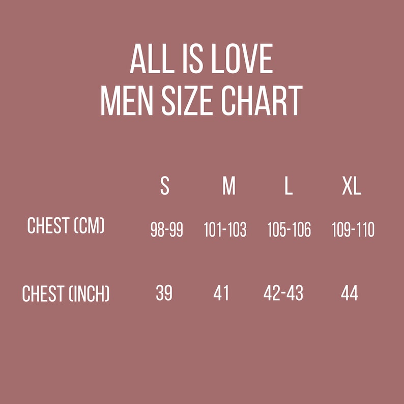 May include: Size chart for men's clothing, showing chest measurements in inches and centimeters. Sizes include S, M, L, and XL.