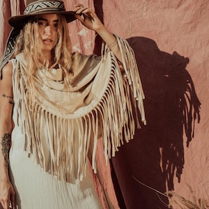 Fringe Shawl/Boho Poncho/Bohemian Cover Up/Natural Beige Boho Robe