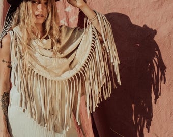 Fringe Shawl/Boho Poncho/Bohemian Cover Up/Natural Beige Boho Robe