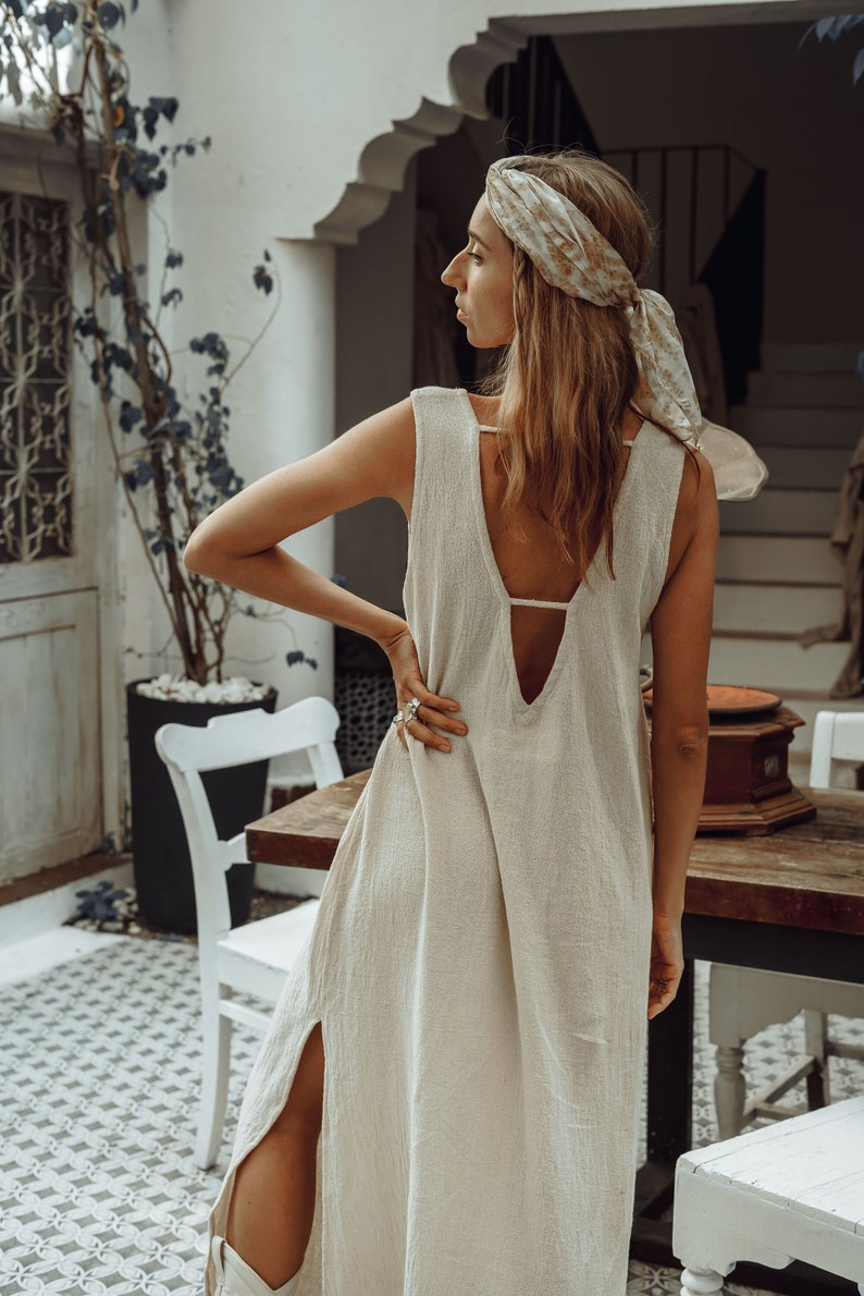 White Goddess Dress/Straight Open Back Dress/Long Slip Dress/Ceremony Dress/Maxi Boho Dress/Off white image 1