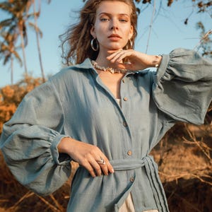 Puff sleeve Blouse/Boho Blouse/One size Shirt/Bohemian Cover Up/Belted Shirt/Blue Boho Top