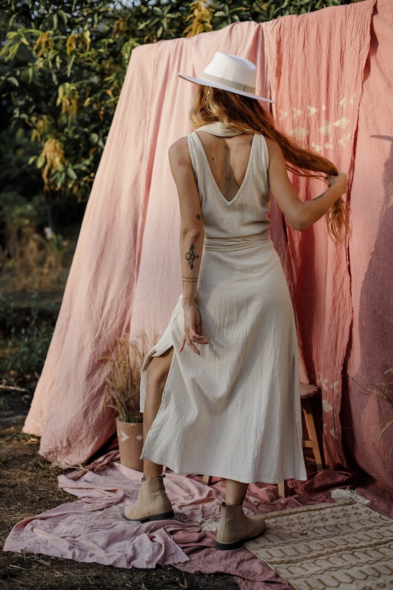 boho wrap dress maxi Peony Floral Wrap Maxi Dress: Light Pink Cotton-Viscose Boho Wedding Guest Dress