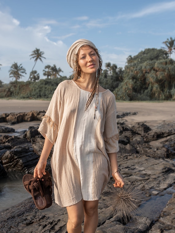 Boho One Size T shirt Dress mini Dress summer Beach Dress free Size T shirt Dress bohemian Beach Outfit beige Etsy