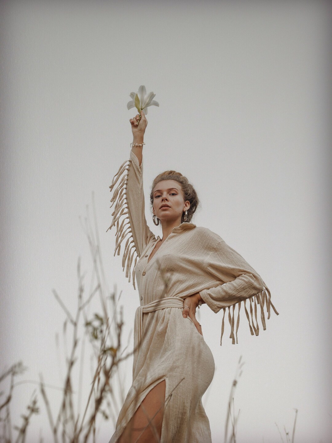 Fringe Trim Button-Up Shirt Dress