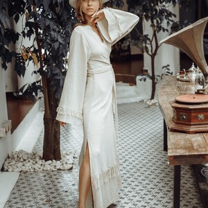 Boho Wrap Dress/Maxi Sleeve Wrap Dress/Long Kimono Dress/Organic Cotton Dress/Offwhite image 7