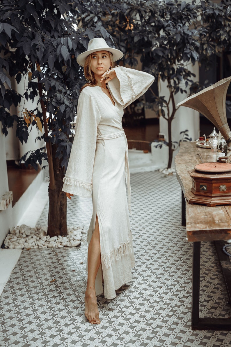 Boho Wrap Dress/Maxi Sleeve Wrap Dress/Long Kimono Dress/Organic Cotton Dress/Offwhite image 7