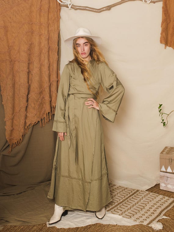 Organic Cotton Wrap Dress Green / Boho Maxi Dress / Kimono Sleeve Dress / Olive Green Dress / Sustainable Clothing / Minimalist Dress