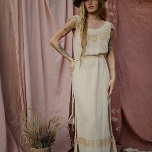 Fransen Maxi Kleid/Beige Boho Kleid/Langes Sommerkleid/Natürliche Kleidung