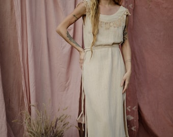 Fringe Maxi Dress/Beige Boho Dress/Long Summer Dress/Natural Clothing