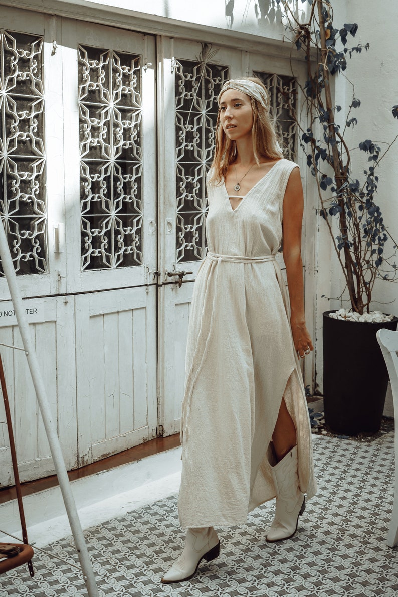 White Goddess Dress/Straight Open Back Dress/Long Slip Dress/Ceremony Dress/Maxi Boho Dress/Off white image 4