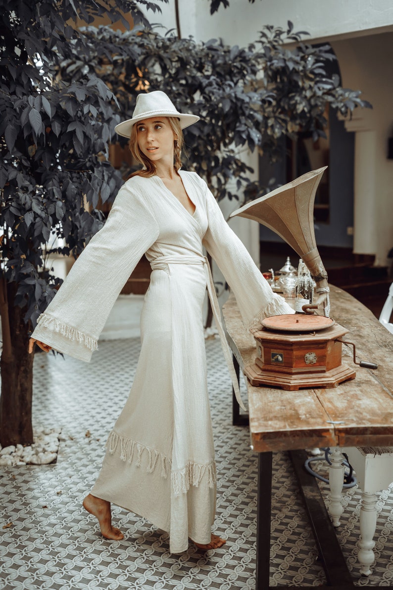 Boho Wrap Dress/Maxi Sleeve Wrap Dress/Long Kimono Dress/Organic Cotton Dress/Offwhite image 4