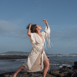 White Bohemian Cardigan Robe/Boho Robe/Kimono Fringe Jacket/Cotton Wedding Robe/Beach Wear Cover Up zdjęcie 6