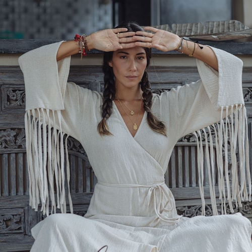 white goddess dress short White Goddess Dress/Wrap Bohemian Dress/Long Wrap Dress/Ceremony Dress/Shamanic Dress/Off White