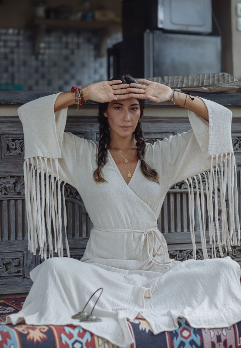 White Goddess Dress/Wrap Bohemian Dress/Long Wrap Dress/Ceremony Dress/Shamanic Dress/Off White image 1